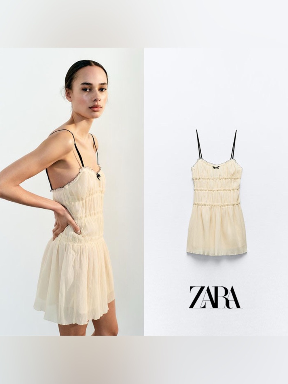 Zara NWT Romantic Coquette Ruched Babydoll Bow Spaghetti Strap Mini Dress (XS) - Picture 3 of 7